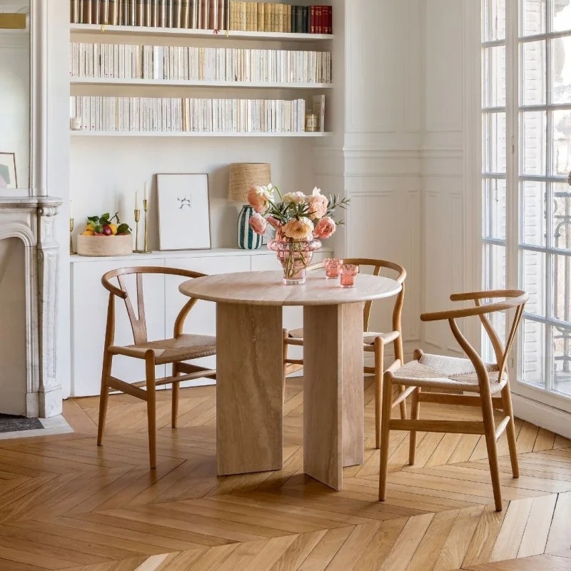 Round Beige Travertine Dining Table
