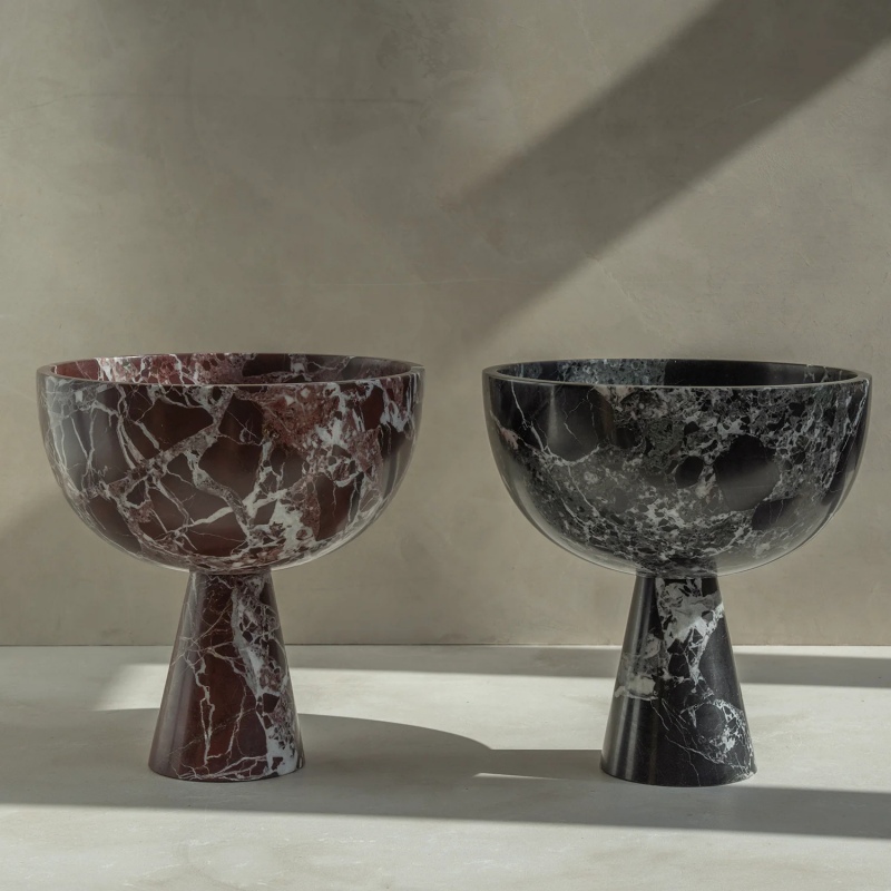 Set of 2 marble pedestal fruit bowls (burgundy/black-white veining) - luxury serving decor