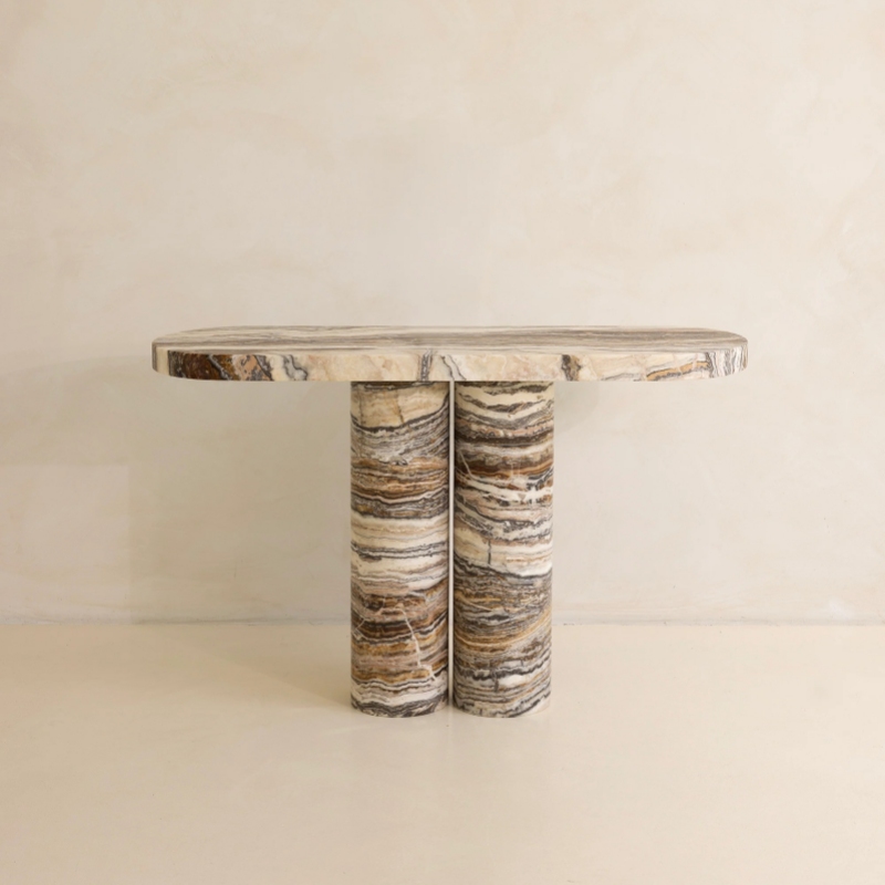 Striped veined marble console table with layered cylindrical base - sculptural natural stone furniture