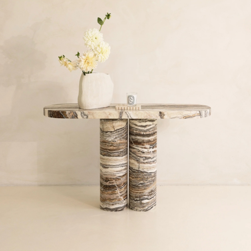 Striped veined marble console table with double cylindrical base - decorated with vase and candle for living room