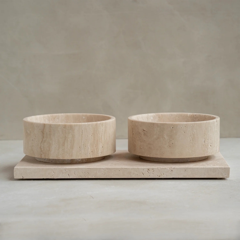 Natural travertine double pet bowls on matching tray - minimalist pet dining set