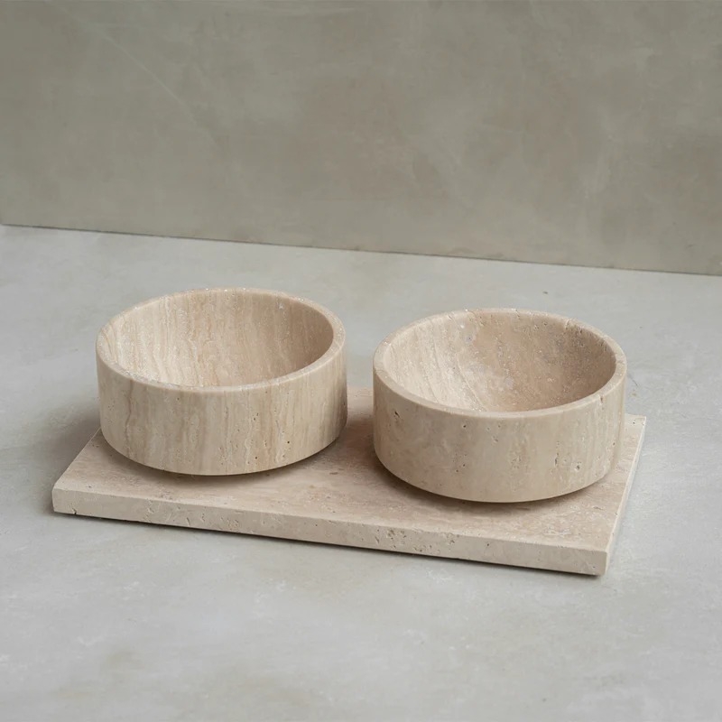 Empty beige travertine pet bowl set with tray - natural stone pet dining accessories