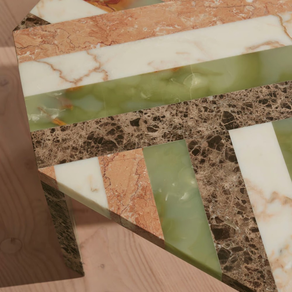 Stone vein detail of Modern Multi-Marble Composition Coffee Table - green terracotta white marble mix