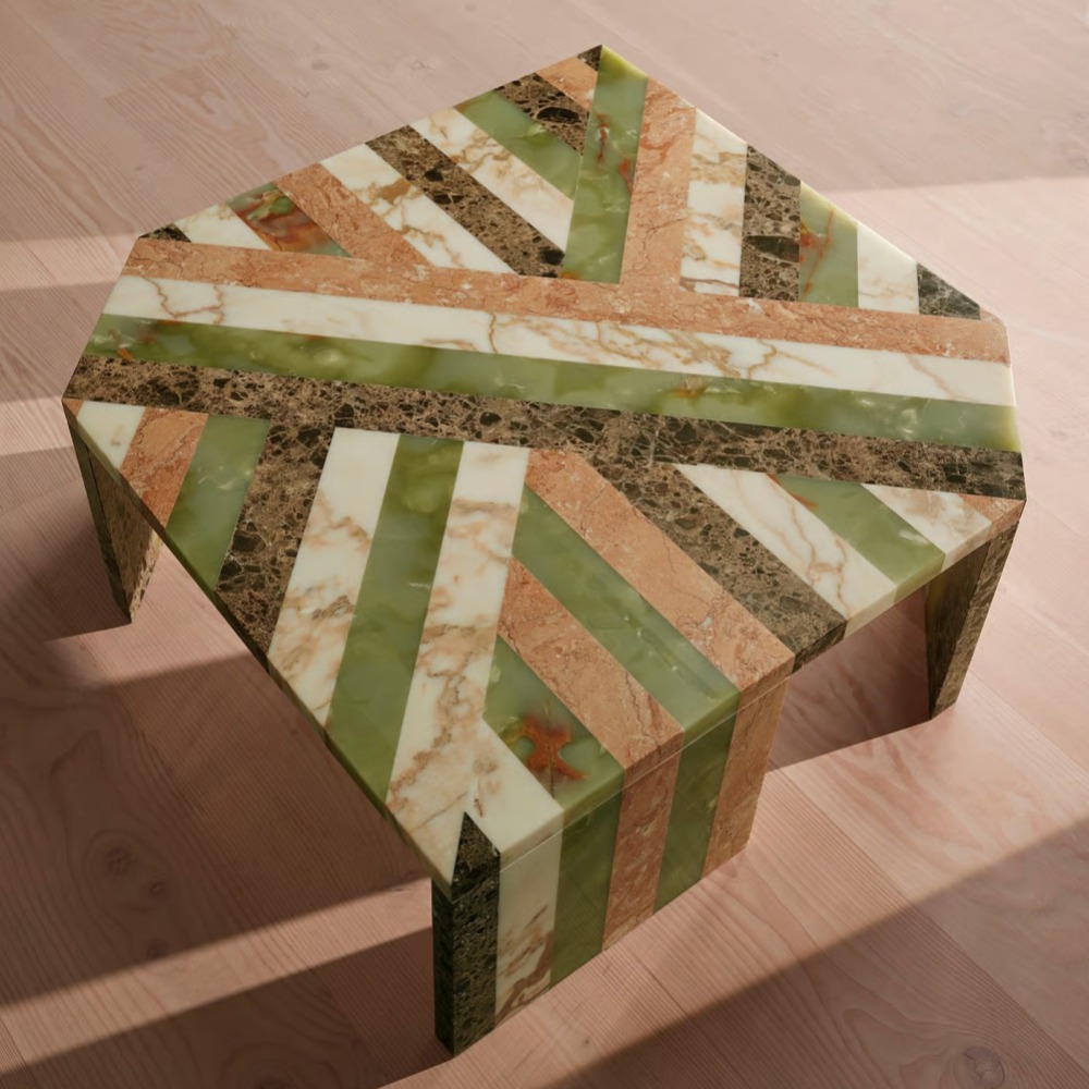 Top-down view of Modern Multi-Marble Composition Coffee Table - natural stone mosaic pattern centerpiece