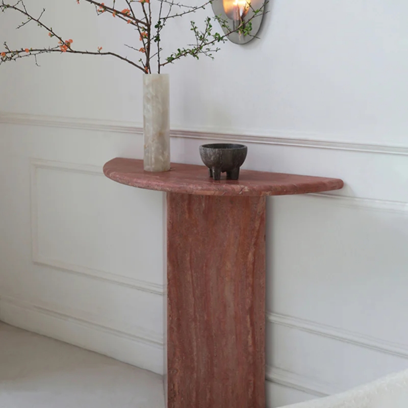 Travertine Red Marble Half-Moon Console Table with vase & decor - living room wall accent furniture