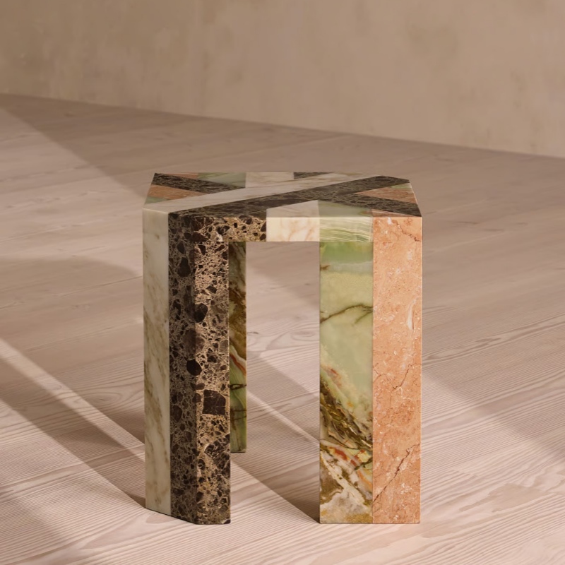 Multi-Marble Geometric Mosaic Hexagon Side Table - green onyx pink travertine brown stone accent furniture