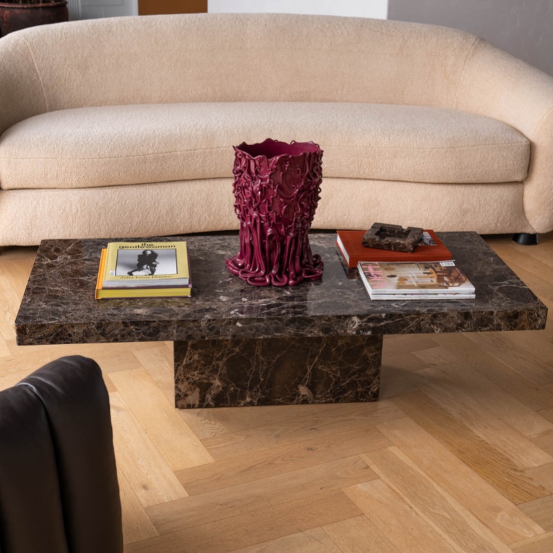 Dark Emperador Marble Coffee Table between sofas - modern luxury living room furniture