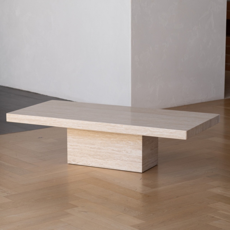 Beige Travertine Rectangular Coffee Table with single block base - minimalist contemporary accent table