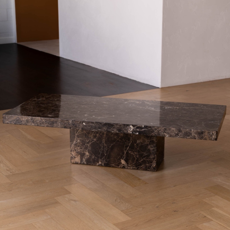 Dark Emperador Marble Rectangular Coffee Table with single block base - minimalist modern living room furniture