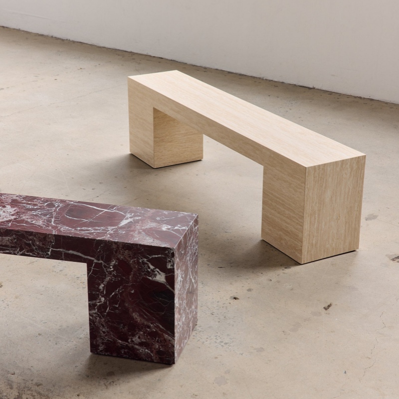 Dual-material rectangular bench set - Burgundy Marble & Beige Travertine minimalist design