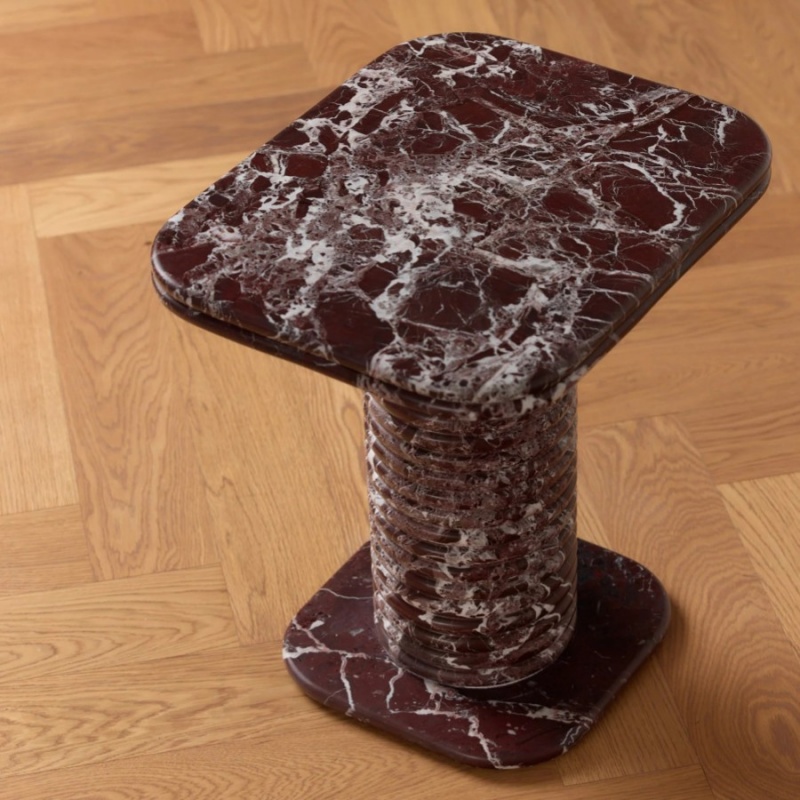 Rosso Levanto Marble Side Table with ribbed cylindrical column - natural white veined stone texture detail