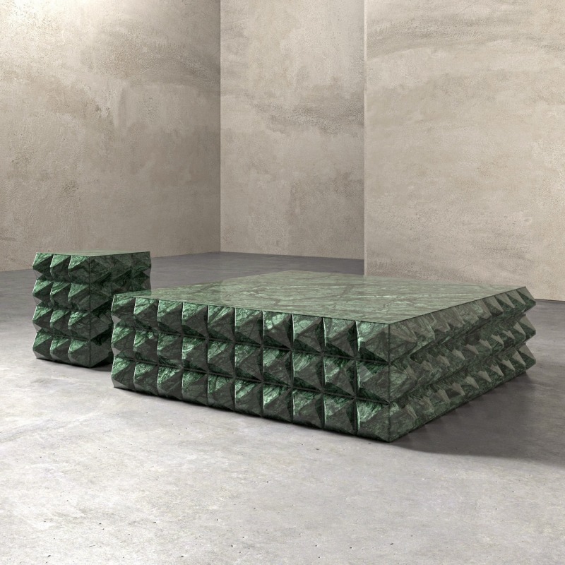 Green Marble Pyramid Coffee Table & Side Table Set - modern sculptural design