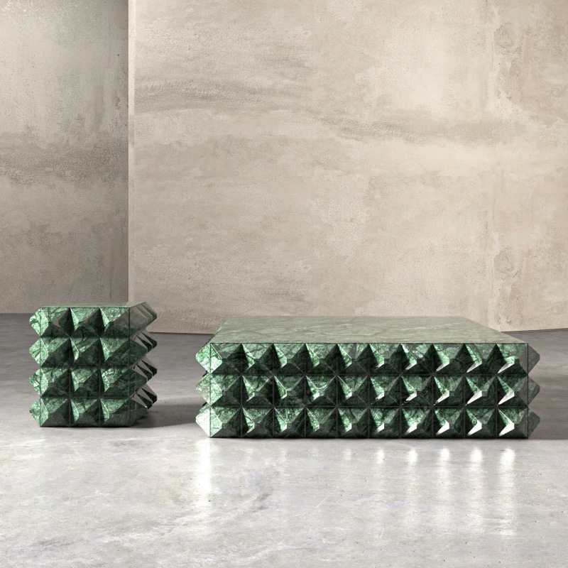 Green Marble Pyramid-Textured Coffee Table & Side Table Set - minimalist modern sculptural furniture