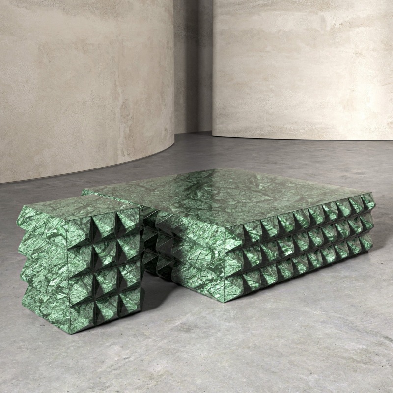 Close-up of Green Marble Pyramid Coffee Table & Side Table - natural stone vein detail