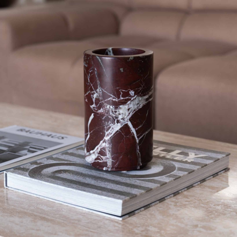 Rosso Levanto Marble Cylindrical Vase on coffee table book - modern living room decor