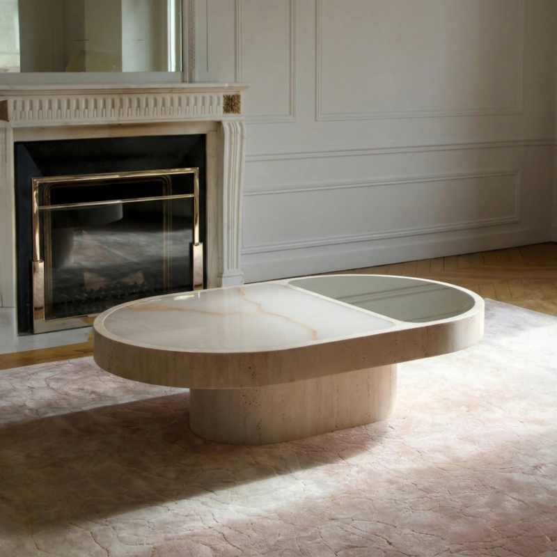 Travertine & Onyx Organic Coffee Table with mirrored inset - modern luxury living room centerpiece