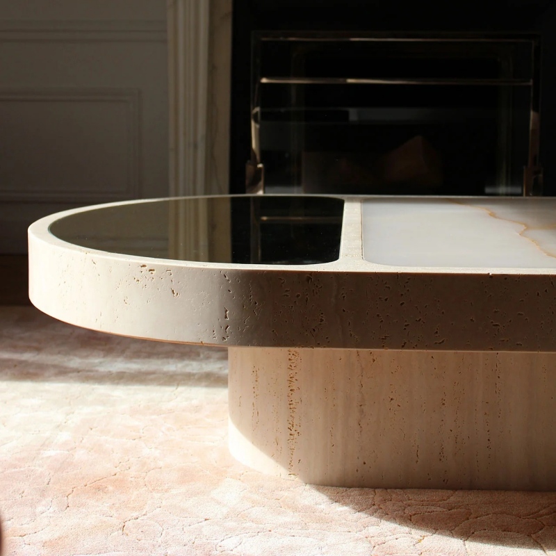 Travertine & Onyx Coffee Table - mirrored inset and natural onyx vein detail
