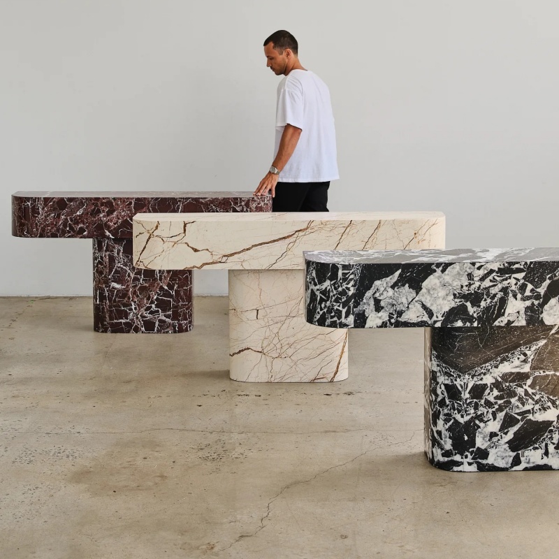 Close-up of Emperador Dark Marble Console Table - curved edge and natural stone vein detail