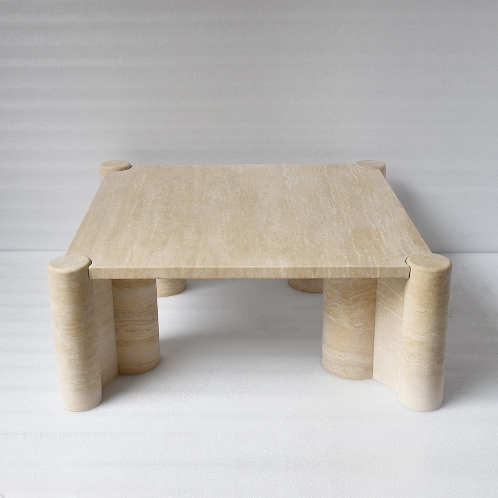 Sculptural travertine coffee table with eight cylindrical legs - organic geometric design