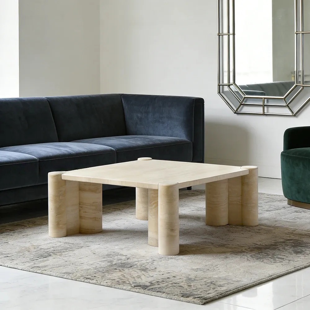 Natural travertine square coffee table - minimalist stone furniture with porous texture