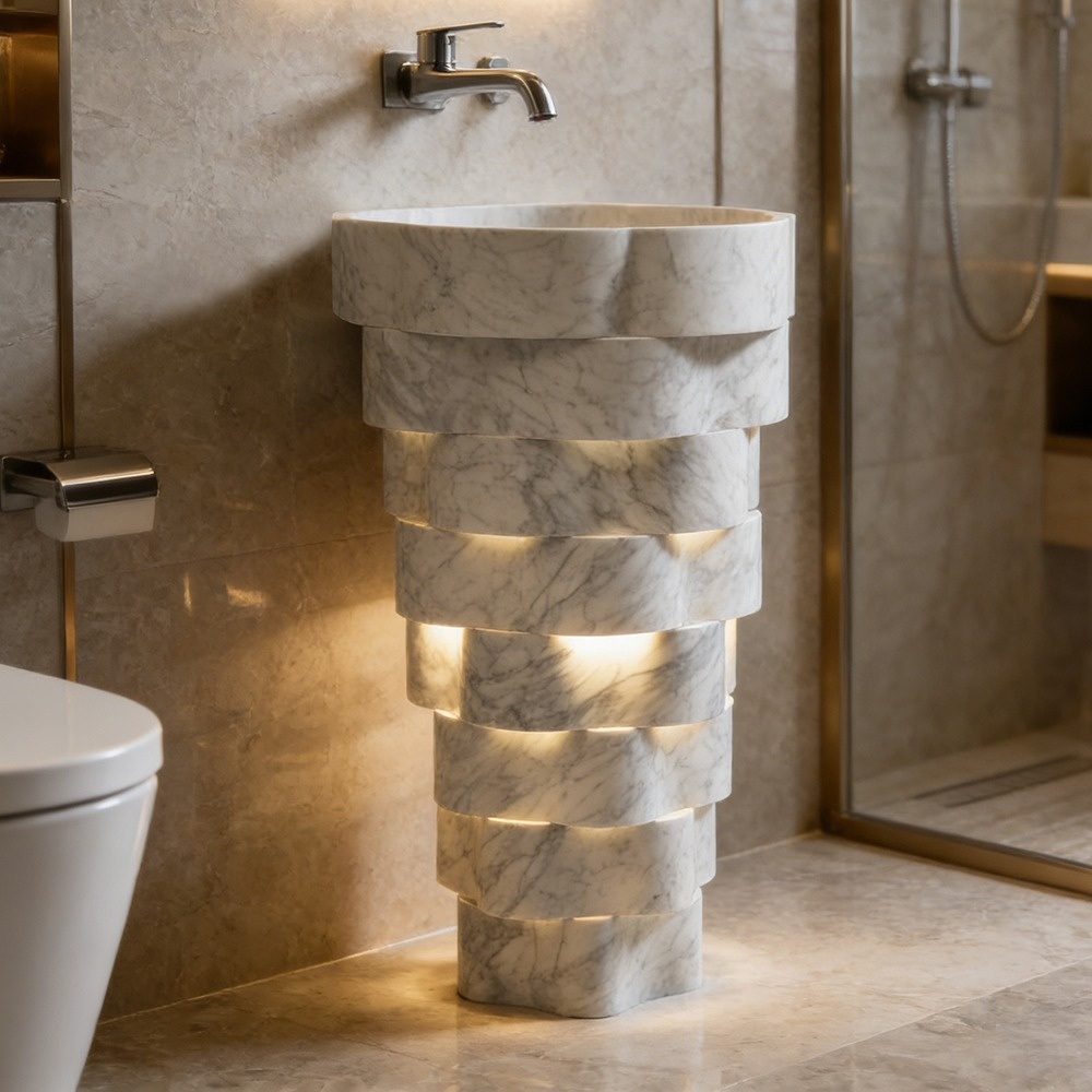 Luxury Carrara marble pedestal sink styled in modern bathroom with gold fixtures
