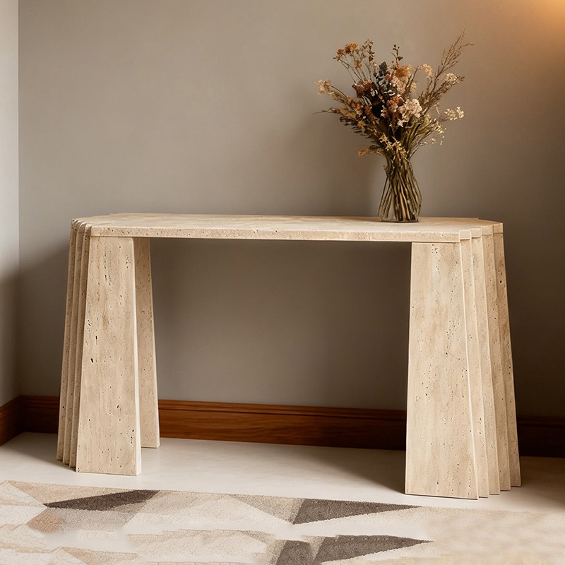 Natural beige travertine console table with stepped legs - statement hallway furniture