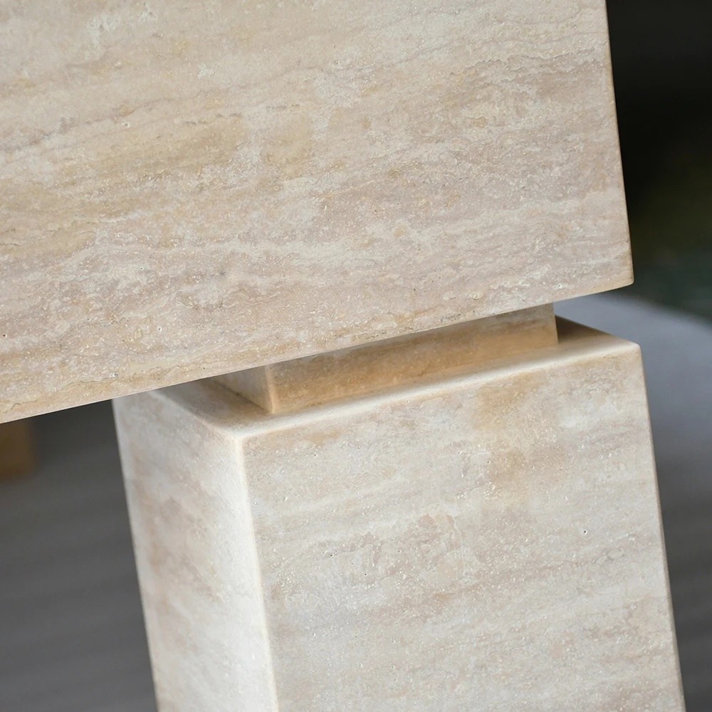 Architectural solid travertine coffee table - wabi‑sabi neutral home centerpiece
