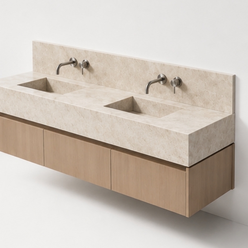 Close-up of Taj Mahal natural marble vanity top with integrated undercut sink and golden beige veining