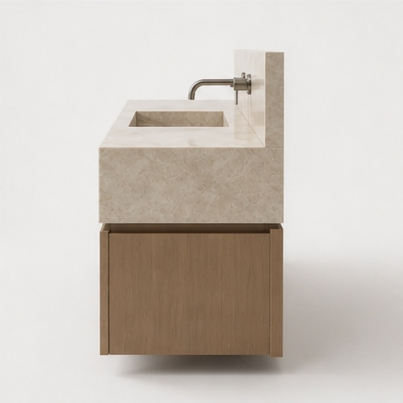 Modern wall hung Taj Mahal marble bathroom vanity with full marble backsplash