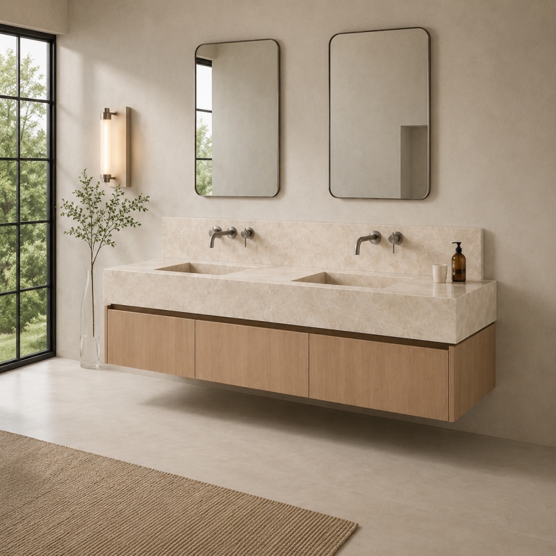 Luxury suspended Taj Mahal marble bathroom cabinet with pre-drilled wall faucet holes