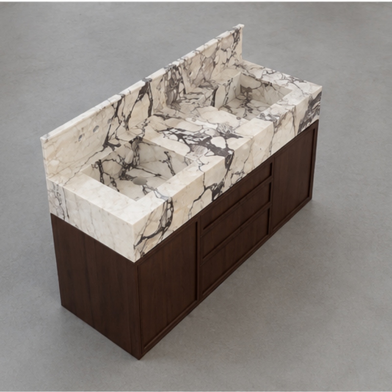 Luxury modern double basin vanity cabinet made of Calacatta Viola marble and dark walnut wood