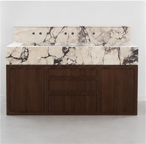 Close-up of Calacatta Viola marble vanity top, integrated undercut sink with dramatic black-purple veining