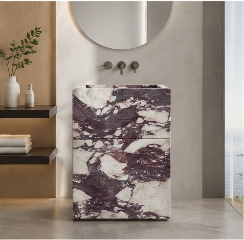 Freestanding Calacatta Viola marble single sink bathroom vanity with three full stone drawer fronts