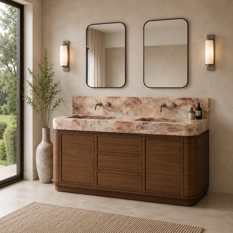 Arabescato Orofico Rosso marble double sink vanity with curved solid walnut freestanding cabinet