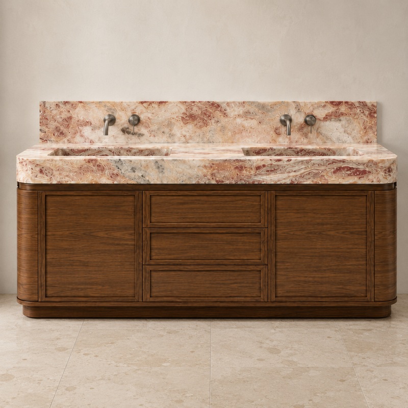 Transitional freestanding double basin bathroom vanity with full matching Arabescato Orofico Rosso marble backsplash