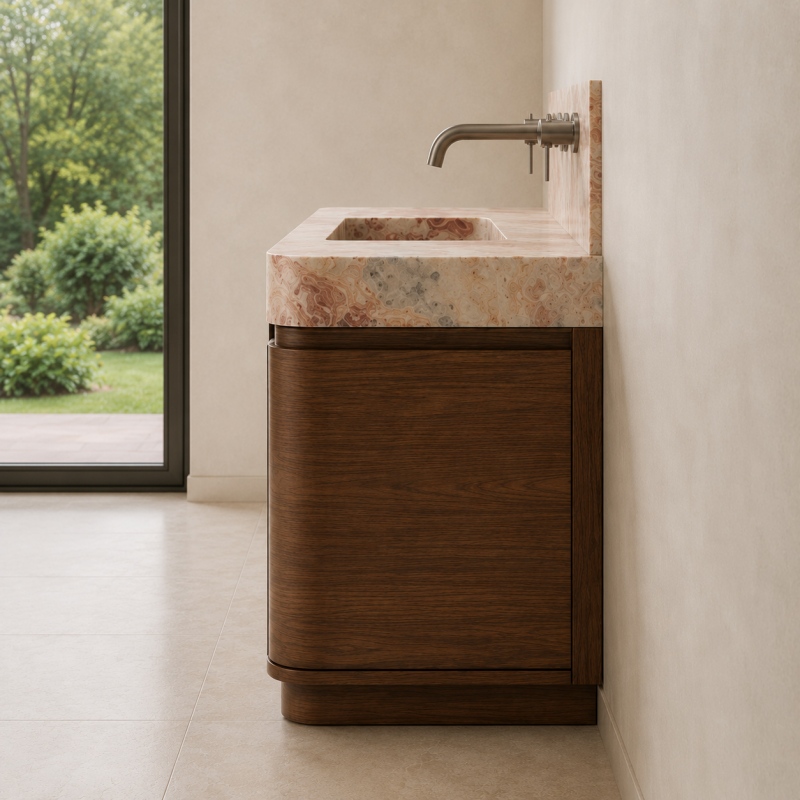 Japandi luxury bathroom interior with Arabescato Orofico Rosso marble double sink vanity and solid wood storage base