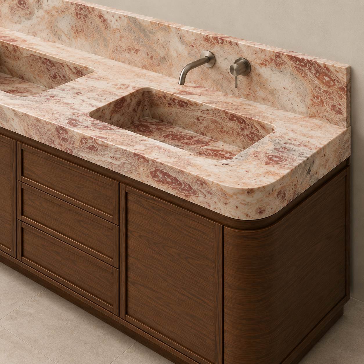 Close-up of Arabescato Orofico Rosso marble vanity top, natural beige base with swirling red-brown banded veining