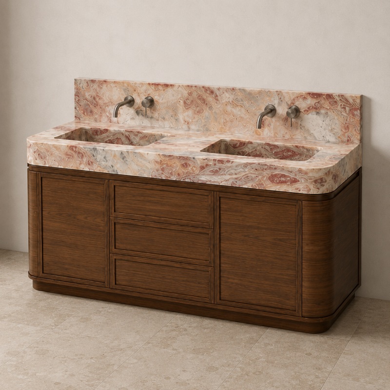 Rounded curved edge dark walnut vanity cabinet paired with exotic Arabescato Orofico Rosso marble countertop & integrated sink