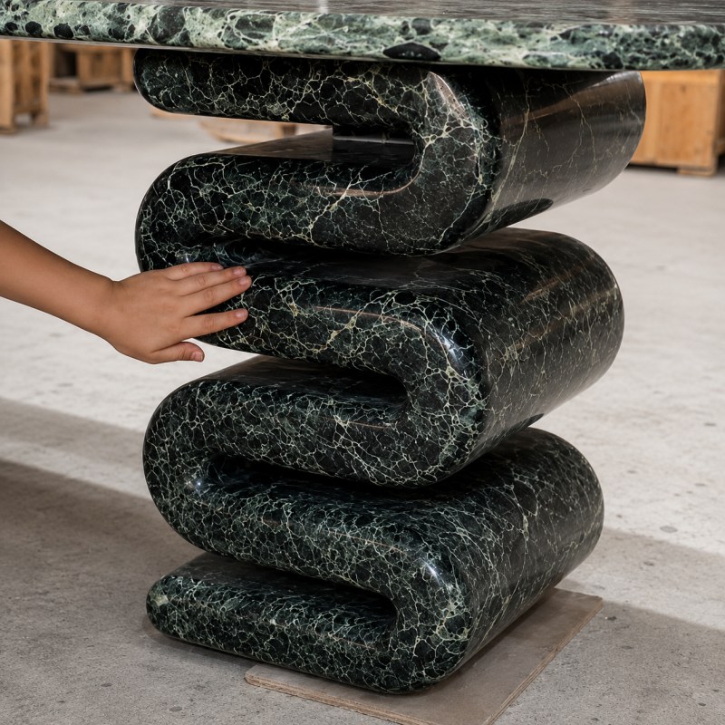 Architectural wavy stacked dark green marble dining table with soft rounded oval tabletop