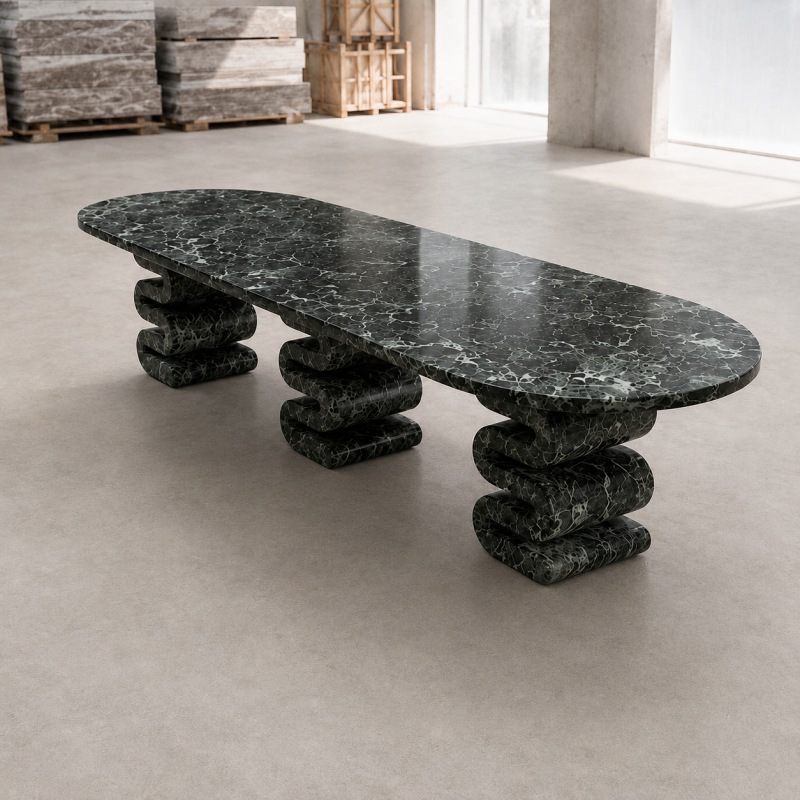 Modern statement full Verde Alpi marble dining table, hand-carved S-shaped wave pedestal supports