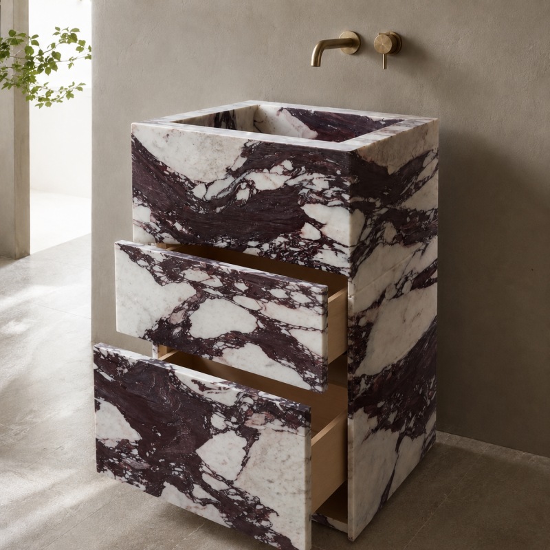 Modern luxury freestanding Calacatta Viola marble sink vanity for contemporary minimalist bathroom