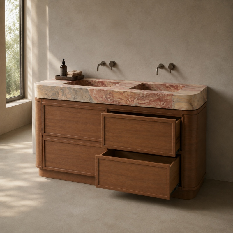 Transitional freestanding double basin bathroom vanity with full matching Arabescato Orofico Rosso marble backsplash