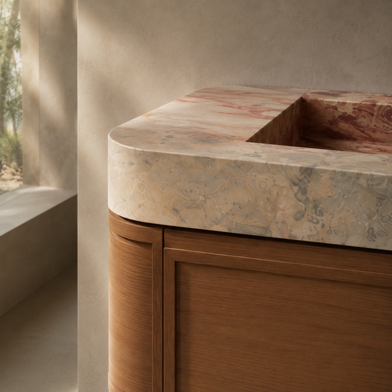 Japandi luxury bathroom interior with Arabescato Orofico Rosso marble double sink vanity and solid wood storage base