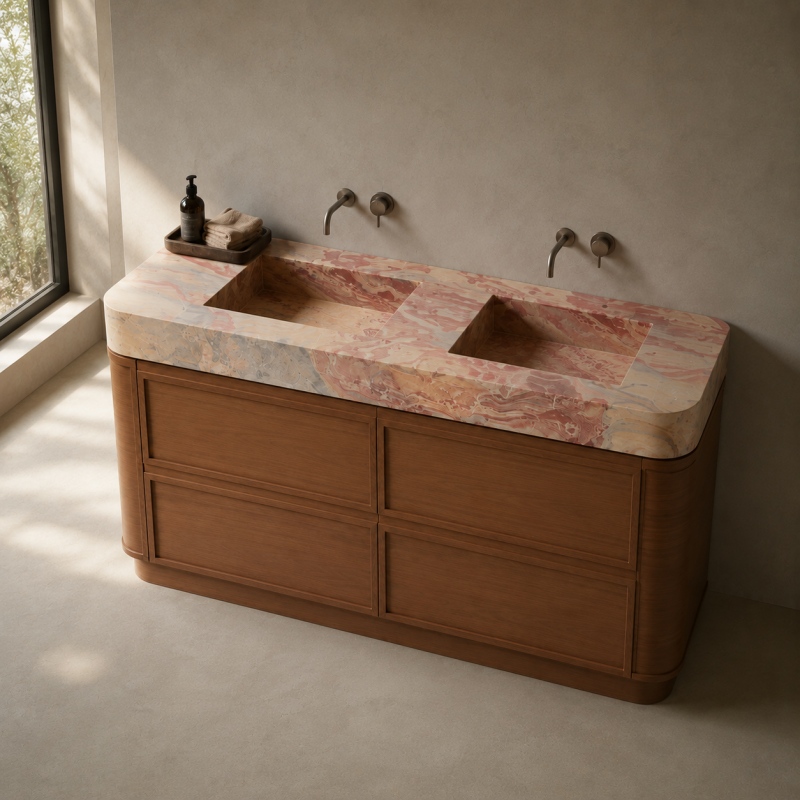 Rounded curved edge dark walnut vanity cabinet paired with exotic Arabescato Orofico Rosso marble countertop & integrated sink