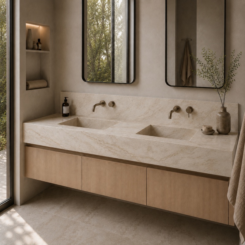 Modern wall hung Taj Mahal marble bathroom vanity with full marble backsplash
