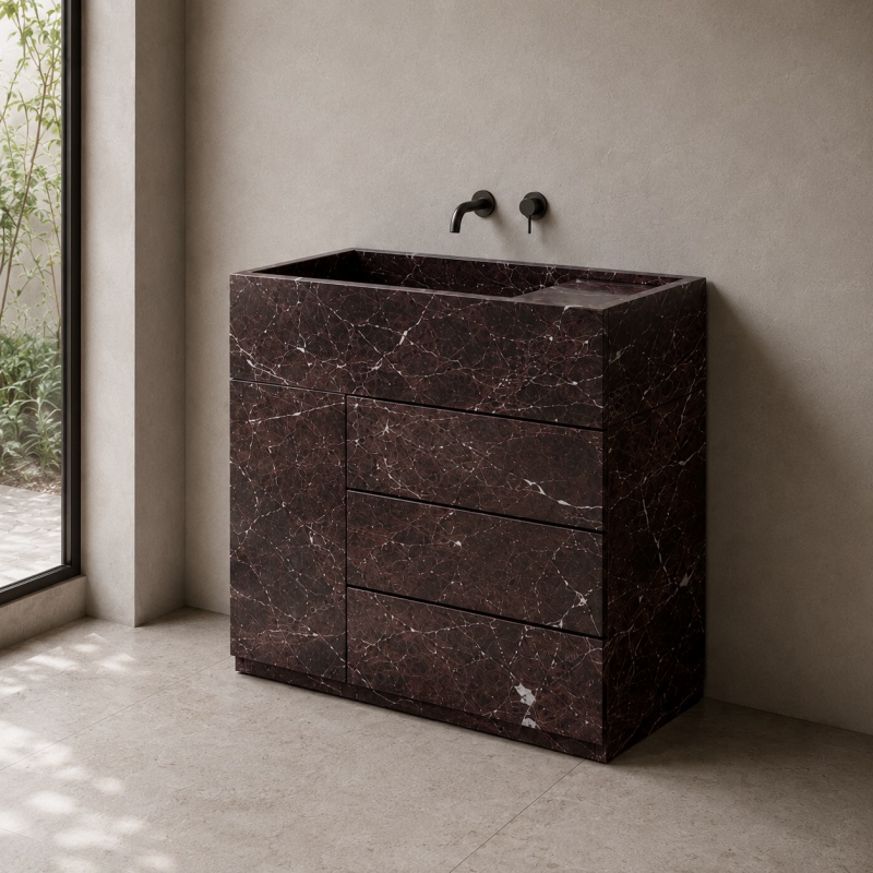Luxury stone bathroom vanity with deep red marble veining and built in basin