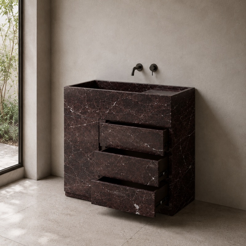Dark burgundy marble bathroom vanity with integrated sink and wall mounted faucet