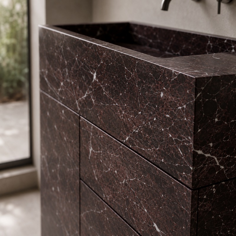 Modern marble bathroom vanity cabinet with open drawers and integrated sink