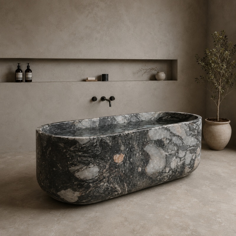 Modern freestanding marble bathtub for spa style bathroom interior