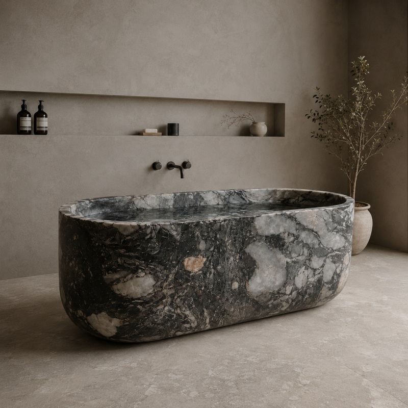 Oval Calacatta Viola marble bathtub with deep grey and white natural veining
